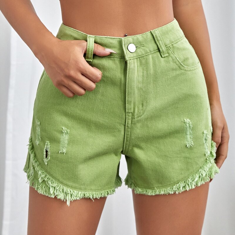 

Button Fly Ripped Denim Shorts, Green