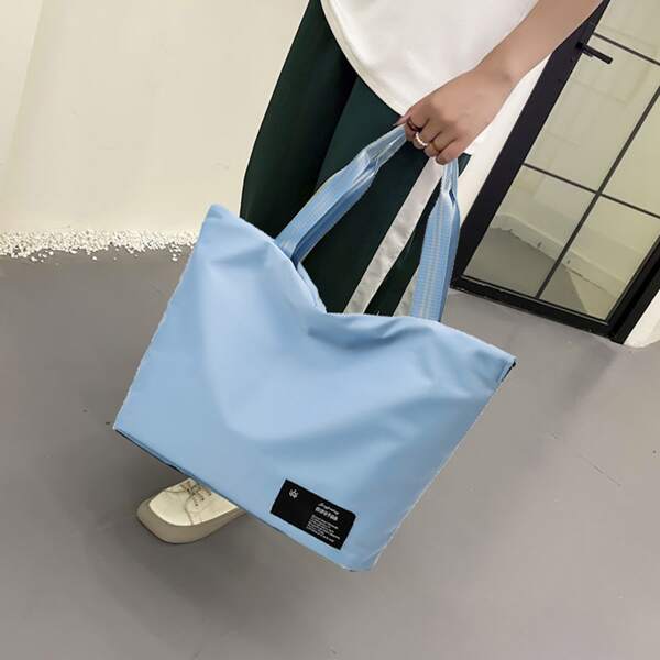 

Letter Patch Drawstring Tote Bag, Baby blue