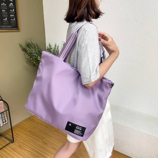 

Letter Patch Drawstring Tote Bag, Purple