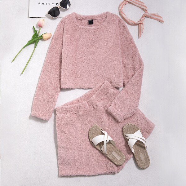 

Solid Teddy Top & Shorts, Coral pink
