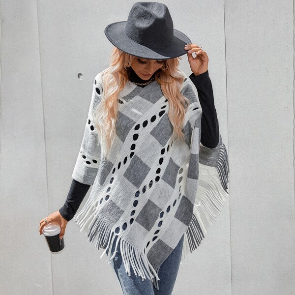 

1pc Open Knit Fringe Trim Cape Sweater, Multicolor