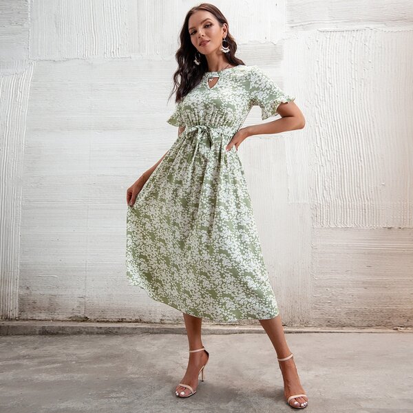 

Ditsy Floral Print Keyhole Neck Belted Dress, Multicolor