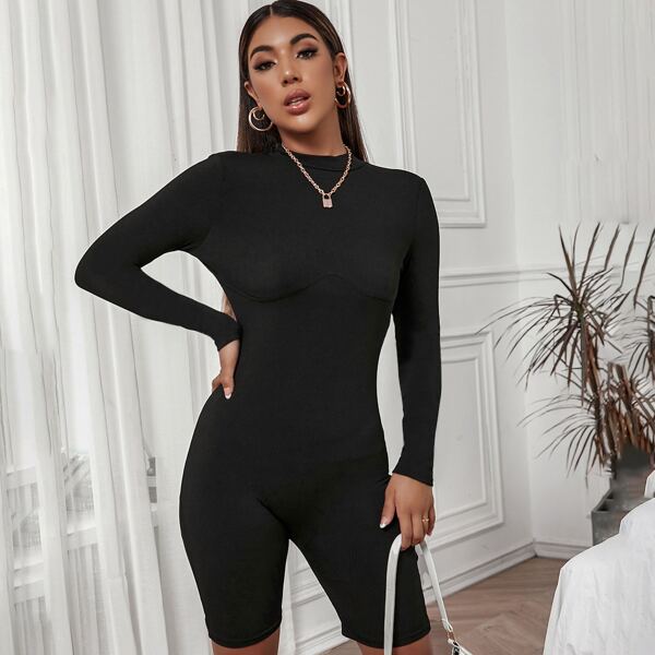

Solid Ribbed Knit Unitard Romper, Black