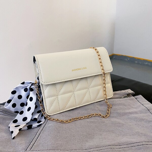 

Scarf Decor Flap Crossbody Bag, Beige