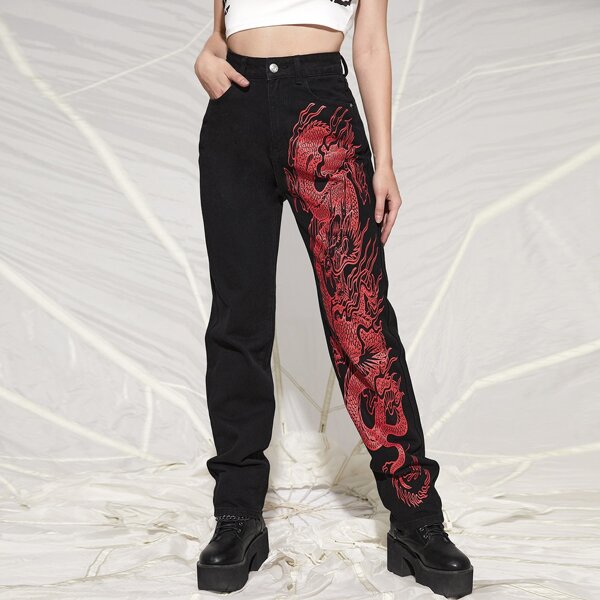 

Chinese Dragon Print High Waist Straight Leg Jeans, Black