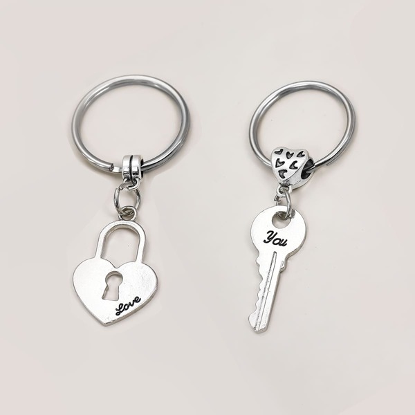 

2pcs Couple Lock & Key Charm Keychain, Silver