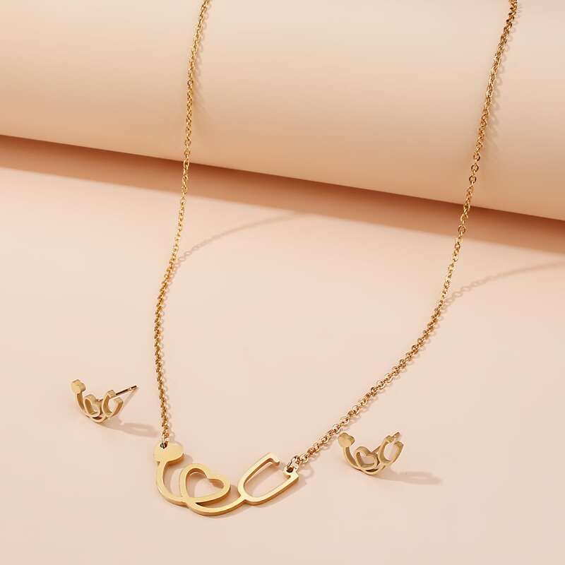 

1pc Heart Decor Chain Necklace & 2pcs Earrings, Gold