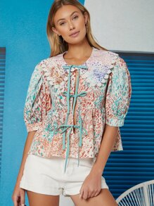 Ji Yeon Lee Top con estampado abstracto con lazo de manga farol - Multicolor - Ver 1