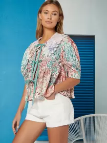 Ji Yeon Lee Top con estampado abstracto con lazo de manga farol - Multicolor - Ver 3