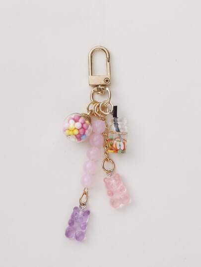 1pc Cute Ins Style Candy Shape Teddy Bear Keychain With Rainbow Colored Gummy Pendant Car Accessaries Women