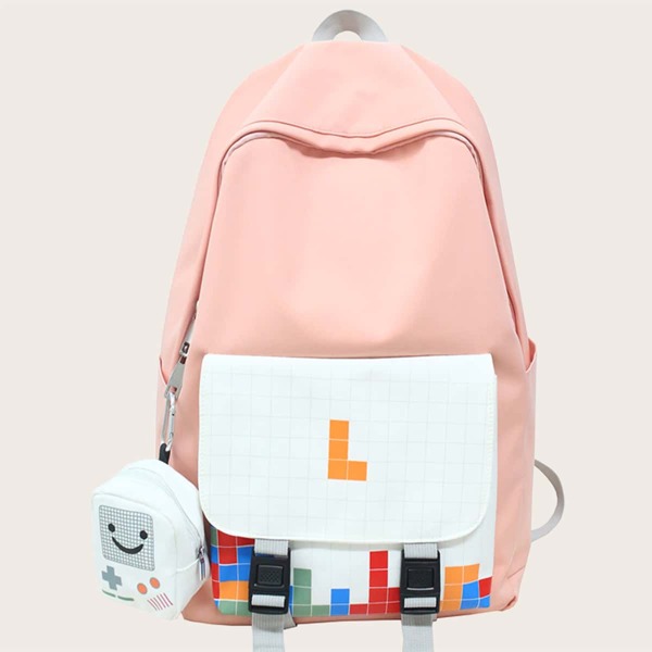 

Pocket Front Tetris Pattern Backpack With Coin Case, Pink