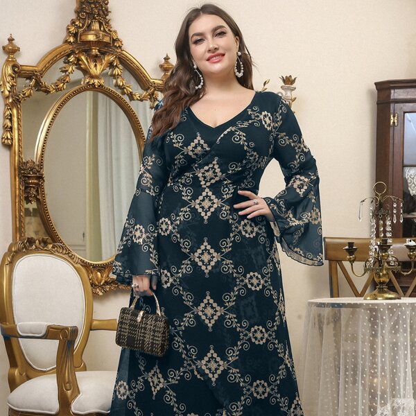 

Plus Allover Print A-line Dress, Dark green