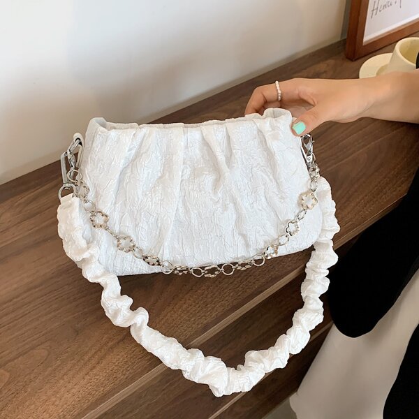 

Ruched Chain Decor Shoulder Bag, White