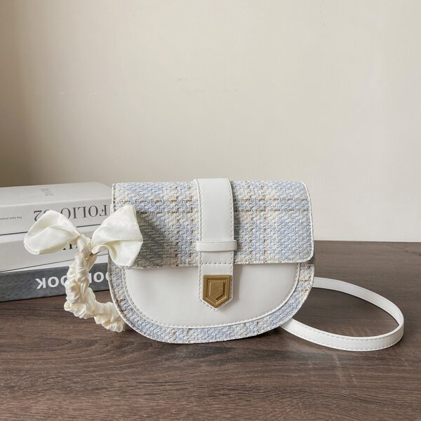 

Scarf Decor Tweed Saddle Bag, Blue and white