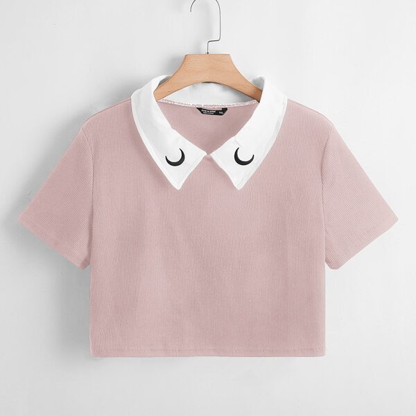 

Plus Moon Embroidery Contrast Collar Tee, Pink