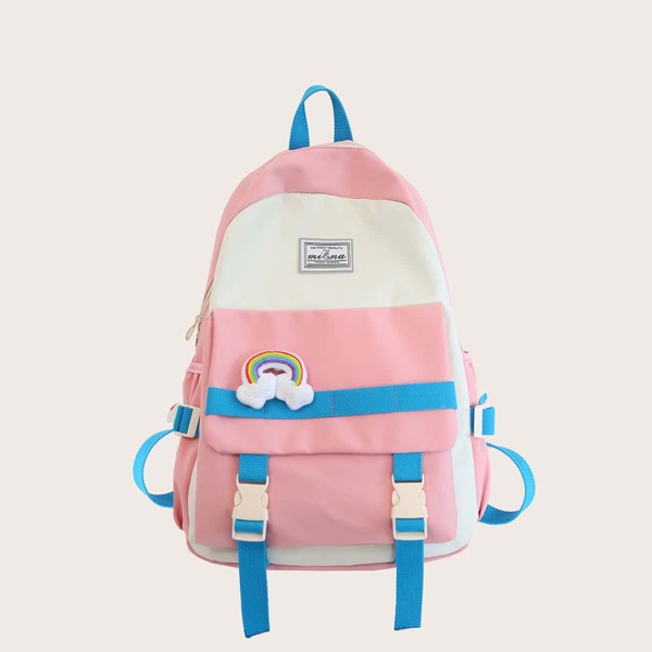

Cartoon Decor Letter Patch Colorblock Backpack, Pink
