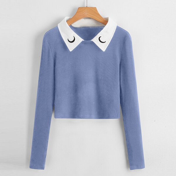 

Plus Contrast Collar Embroidery Ribbed Tee, Dusty blue