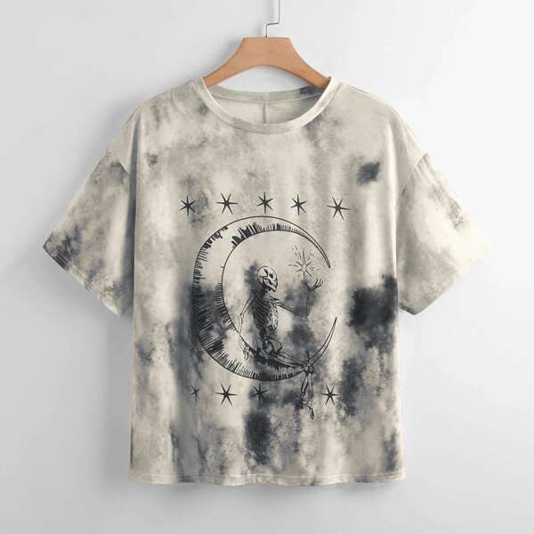

Plus Skull Print Tie Dye Tee, Apricot