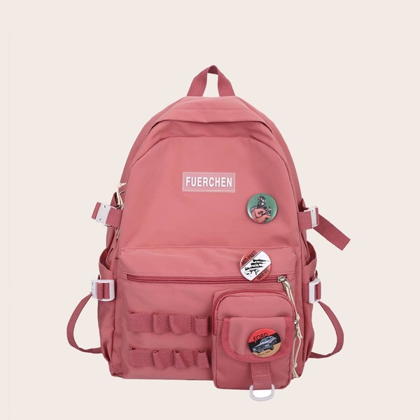 

Minimalist Pocket Front Letter Patch Backpack, Pink