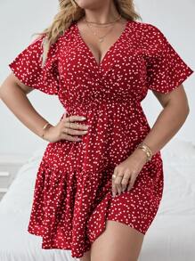 SHEIN LUNE 大碼前交叉滿版圖案連衣裙 - 紅色 - 查看 1
