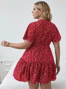 SHEIN LUNE 大碼前交叉滿版圖案連衣裙 - 紅色 - 查看 2
