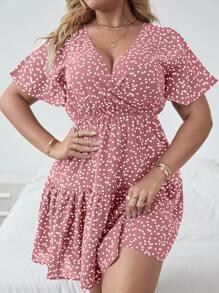 SHEIN LUNE Plus Surplice Front Allover Print Ruffle Hem Dress - Dusty Pink - View 1