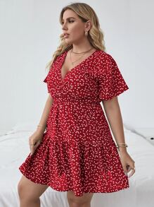 SHEIN LUNE 大碼前交叉滿版圖案連衣裙 - 紅色 - 查看 4