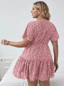 SHEIN LUNE Plus Surplice Front Allover Print Ruffle Hem Dress - Dusty Pink - View 2