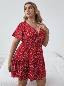 SHEIN LUNE 大碼前交叉滿版圖案連衣裙 - 紅色 - 查看 5