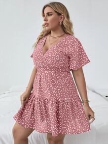 SHEIN LUNE Plus Surplice Front Allover Print Ruffle Hem Dress - Dusty Pink - View 4