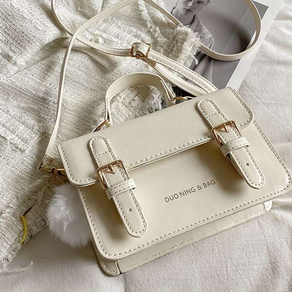 

Pom Pom Charm Buckle Satchel Bag, White