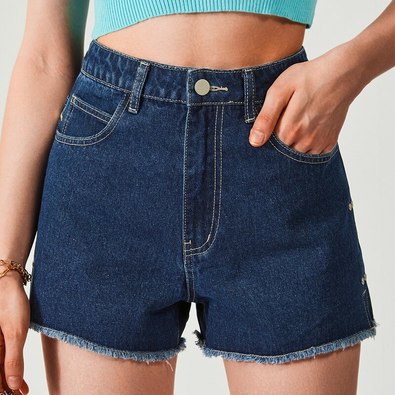 

High Waisted Slant Pocket Front Denim Shorts, Dark wash