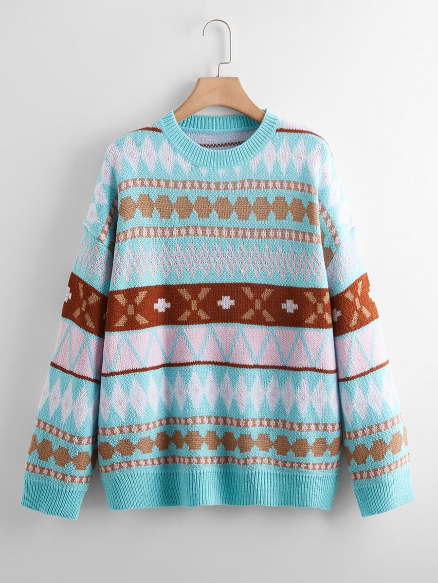 大碼民俗圖騰套頭毛衣 - 彩色 - 查看 1