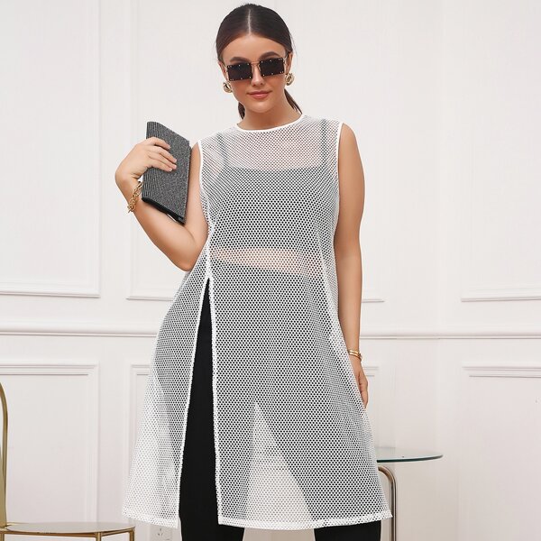 

Plus Hollow-out Mesh Split Thigh Cover Up, White