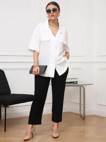 Calvaya Plus Flap Detail Lapel Neck Blouse - White - View 5