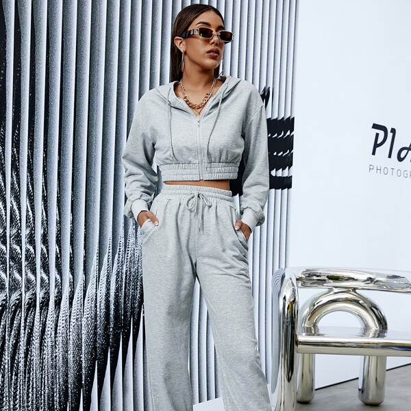 

Shirred Hem Drawstring Zipper Hoodie & Sweatpants, Light grey