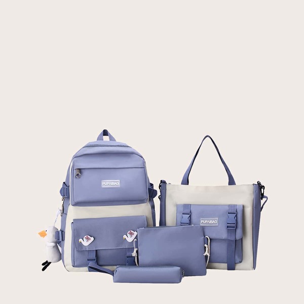 

4pcs Cartoon Decor Two Tone Backpack Set, Blue