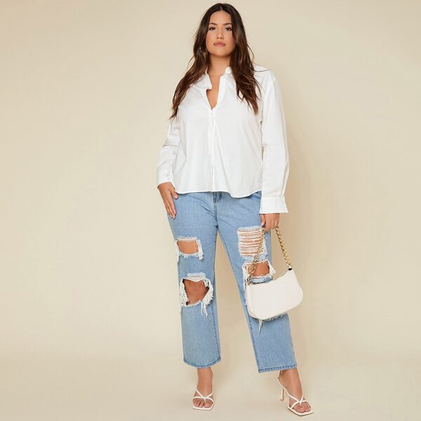 

Plus Solid Button Front Blouse, White