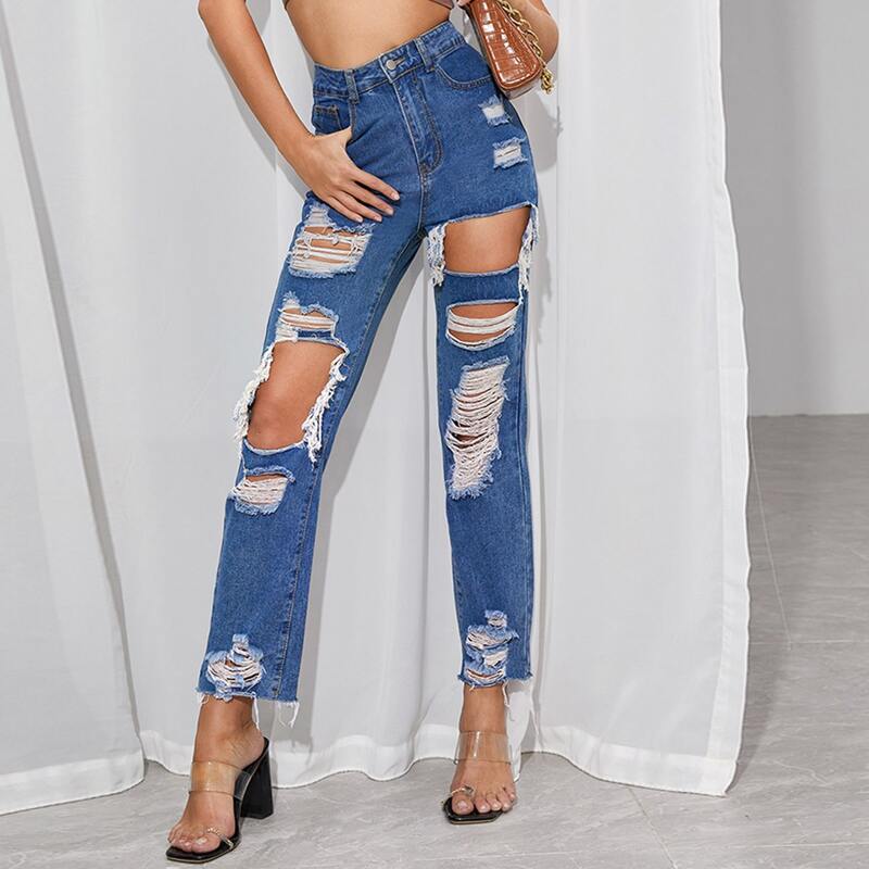 

High Waist Ripped Raw Hem Jeans, Medium wash