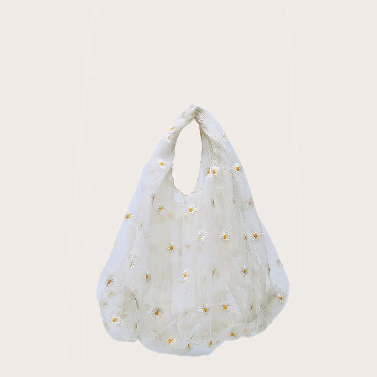 

Daisy Embroidery Tote Bag, White