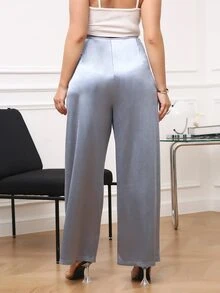 Plus Knot Front Satin Wide Leg Trousers - Dusty Blue - View 2