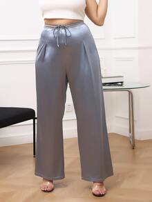 Plus Knot Front Satin Wide Leg Trousers - Dusty Blue - View 5