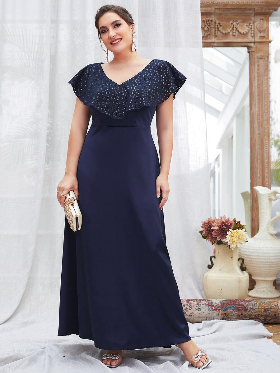 Modelyn Plus Geo Print Ruffle Trim V Neck Dress - Navy Blue - View 1