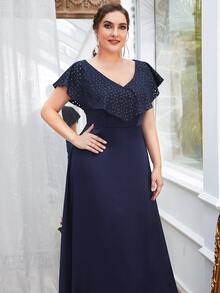 Modelyn Plus Geo Print Ruffle Trim V Neck Dress - Navy Blue - View 3