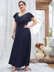 Modelyn Plus Geo Print Ruffle Trim V Neck Dress - Navy Blue - View 5