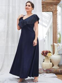 Modelyn Plus Geo Print Ruffle Trim V Neck Dress - Navy Blue - View 6