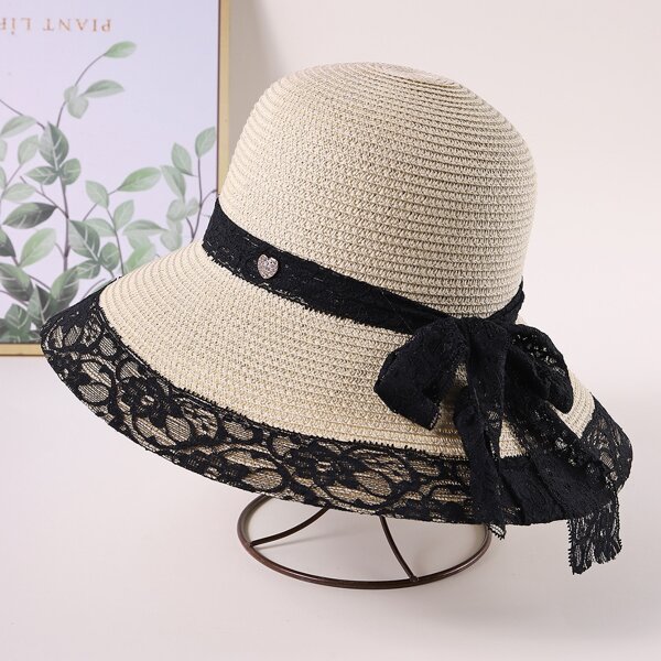

Contrast Lace Straw Hat, Beige