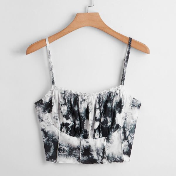 

Plus Tie Dye Ruched Busty Seam Front Cami Top, Black and white