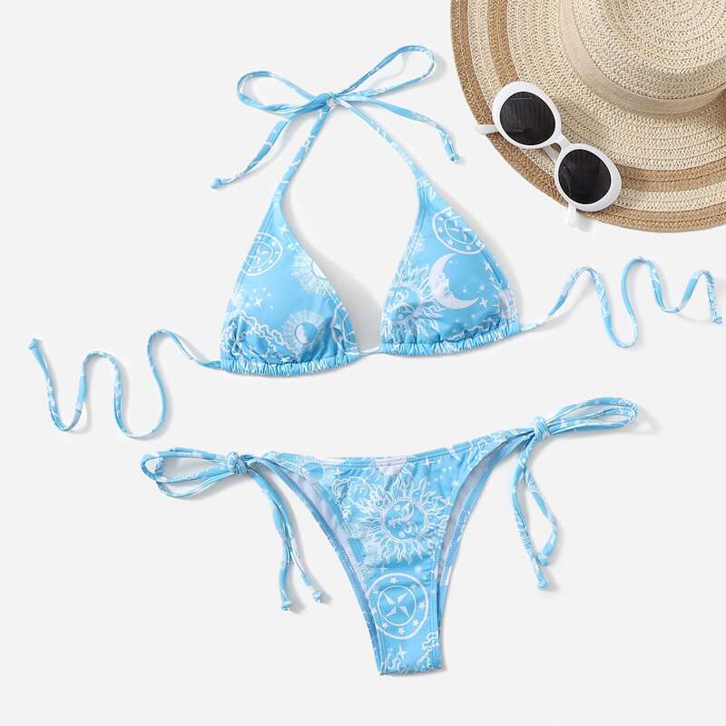 

Sun & Moon Print Halter Triangle Bikini Swimsuit, Baby blue