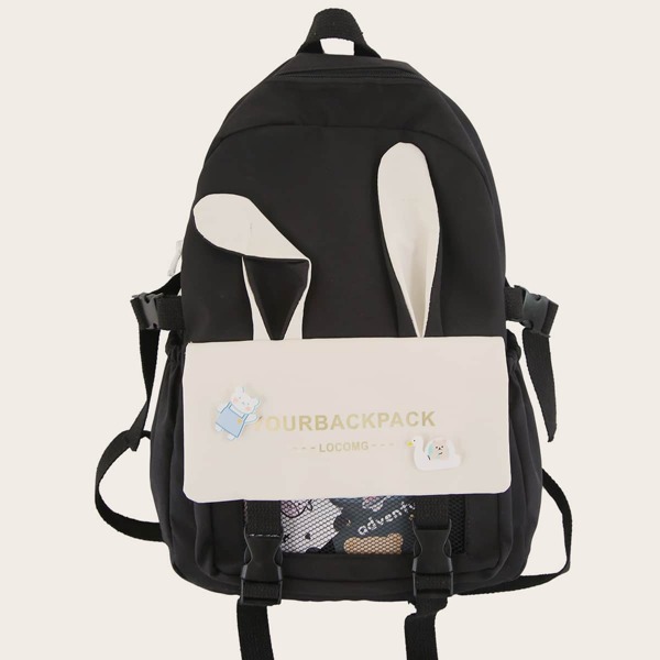 

Cartoon Decor Letter Graphic Pocket Front Backpack, Black